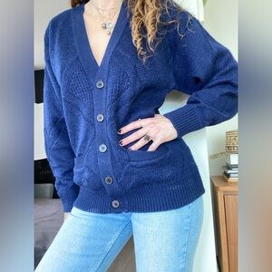 Vintage80’s Grandpa sweater navy blue cardigan new-like condition Size M